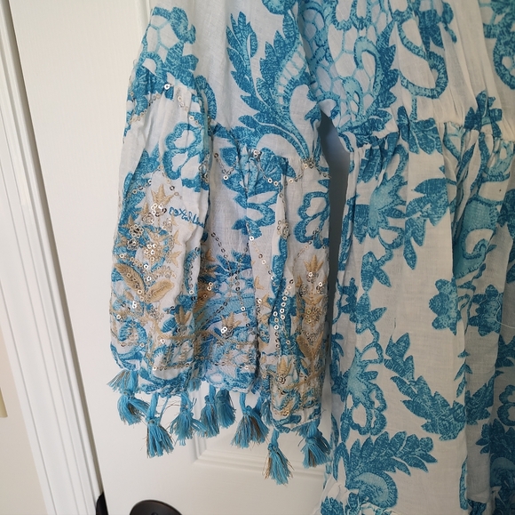 Antica Sartoria Boho Beach Dress Coverup Blue and White Floral Gold Sequins NWT - Picture 7 of 10